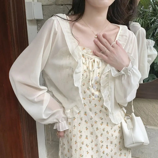 Elegant Retro Wrapped Ruffle Chiffon Long Sleeves Summer Poncho Lace Cardigan Korean Style Shawl Short Top Coat Sunscreen Shawl