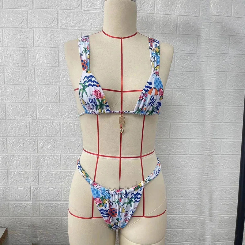 BEACHCICI Bikini 2 Piece Set Women Summer Sexy Fashion Printed Suspender Tie up Pleated Backless Lace Up Holiday Beach Swimsuit