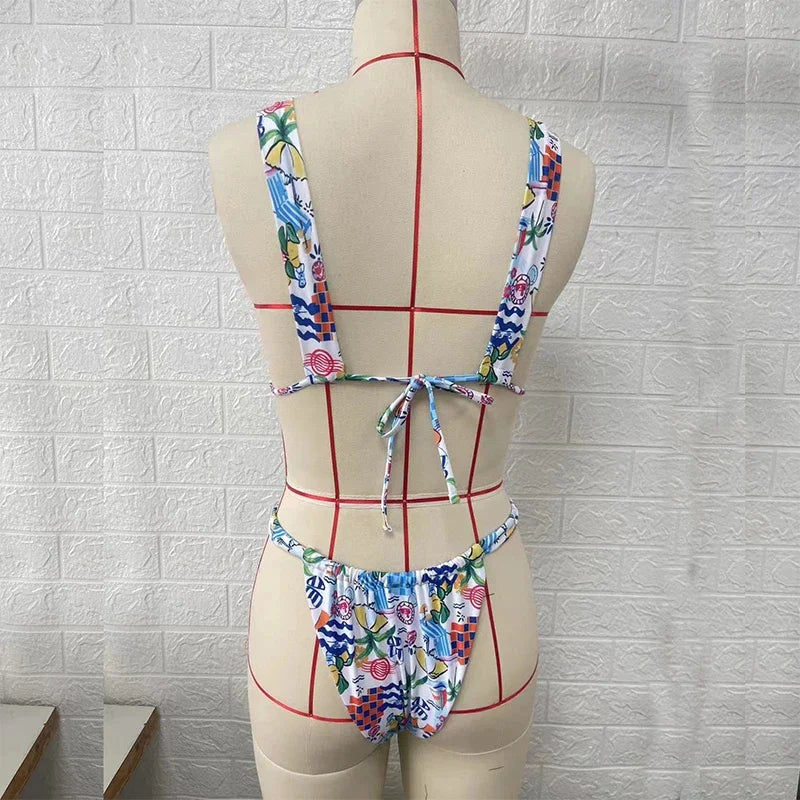 BEACHCICI Bikini 2 Piece Set Women Summer Sexy Fashion Printed Suspender Tie up Pleated Backless Lace Up Holiday Beach Swimsuit