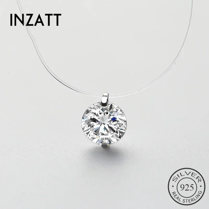 INZATT Real 925 Sterling Silver 6/8mm Zircon Pearl Pendant Choker Necklace For Women Fishing Line Classic Fine Jewelry